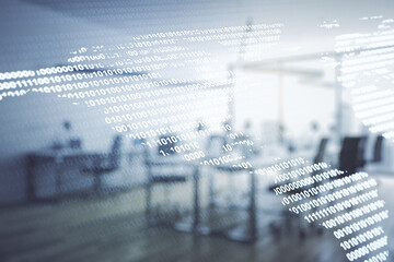 Virtual digital map of North America on a modern furnished office background, international trading concept. Multiexposure