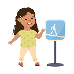 Little Girl Pedestrian Learning Road Sign and Traffic Rule Vector Illustration