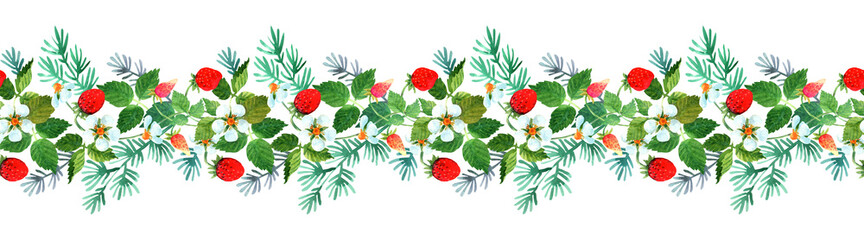 Watercolor woodland seamless border with wild strawberries, flowers and leaves. Hand drawn nature summer illustration is great for card, poster, greeting, invitation, label
