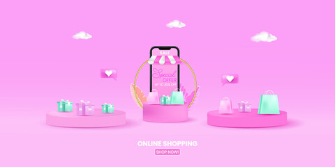 Online shopping store with mobile application digital marketing and sale banner background