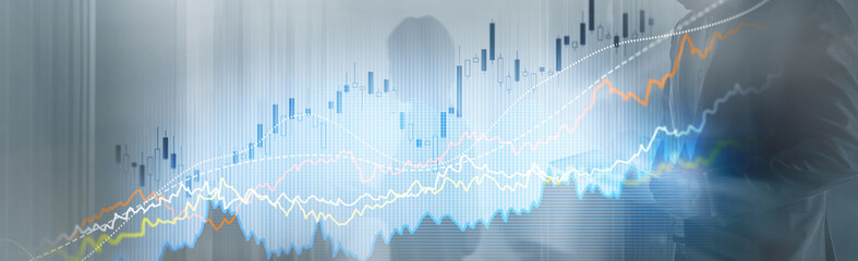 Business finance growth graph chart analysing diagram trading and forex exchange concept double exposure