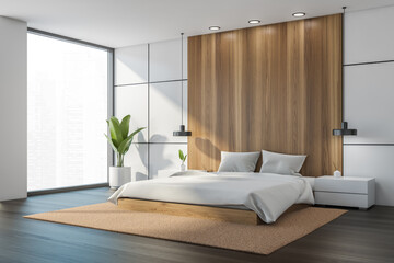 White and wooden bedroom interior with bed near panoramic window, mockup