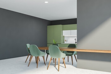 Grey kitchen interior with table and green chairs, mockup