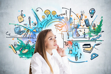 Attractive woman in white shirt pondering about education and fu