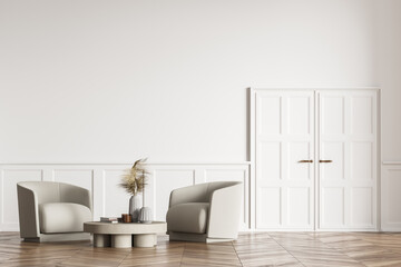 Modern stylish Living room design interior. Oak parquet floor with two armchairs. White wooden door.