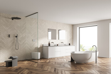 Spacious modern bathroom design interior in wood tones with parquet floor, freestanding tub, walk-in shower, double sink vanity. Panoramic window.