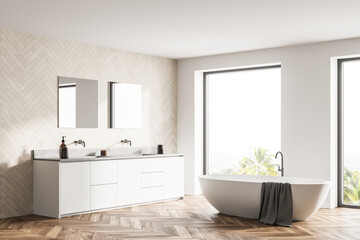 Obraz na płótnie Canvas Spacious modern bathroom design interior in wood tones with parquet floor, freestanding tub, double sink vanity. Panoramic window.