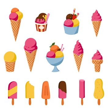 Set of cartoon ice cream. All types of delicious ice sweets. Isolated icons for the summer menu. Minimal elegant illustrations