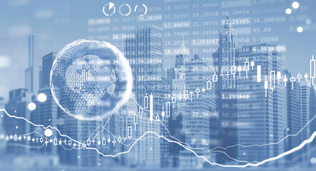 Graph changes lines and bars with numbers, earth globe and skyscrapers
