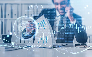 Black businessman with phone look through papers, earth globe and candlesticks