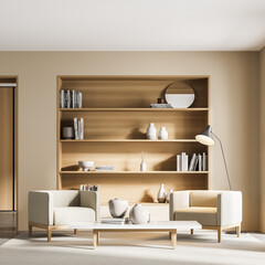 Beige library room interior with armchairs and coffee table with bookshelf