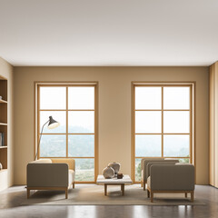 Beige living room interior with armchairs and sofa, bookshelf and window