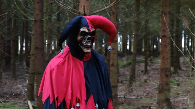 Halloween. Aggressive evil clown in the forest. Scary jester costume and skull mask. Scary jester costume.