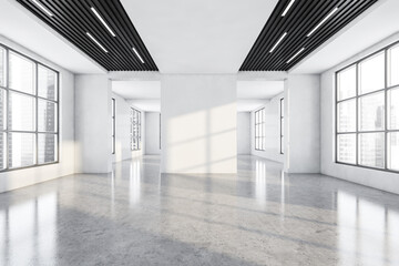 White and wooden large empty office room with windows