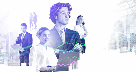 Diverse business people working together. Skyscrapers and stock market dynamics, line chart, double...