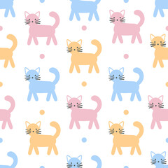 Seamless pattern with cartoon, cute cats. Vector