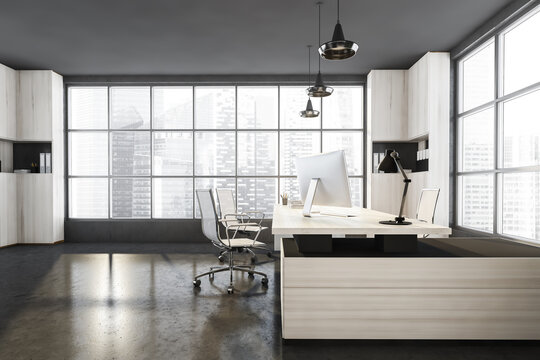 Dark business consulting room interior with furniture and panoramic windows