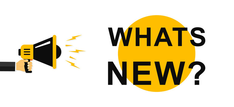 Whats new. Mens hands holding a megaphone with Whats New speech bubble. Megaphone banner. Speaker. Loudspeaker. Banner for business, marketing and advertising. Vector. EPS 10 - Powered by Adobe