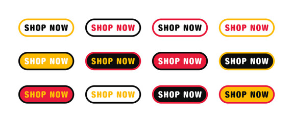 Set of modern buttons for web site and ui. Collection of button Shop Now or Buy Now. Web buttons with rounded corners, colorful and text. Vector illustration.