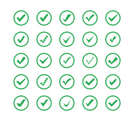 Set of Check mark in green in circle. Check marks or ticks. Green confirm symbol. Vector icon confirm acceptance of a positive passed agreement on voting or completion of tasks in the list. Vector