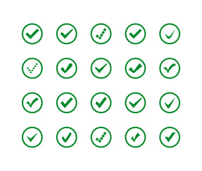 Set of Check mark in green in circle. Check marks or ticks. Green confirm symbol. Vector icon confirm acceptance of a positive passed agreement on voting or completion of tasks in the list. Vector
