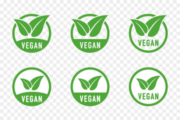 Vegan vector sign set. Round green illustrations with leaves for stickers, logos and labels. Icons vegetarian food. Vegan, no meat, lactose free, healthy, nonviolent food. Organic, bio, eco symbols. - obrazy, fototapety, plakaty