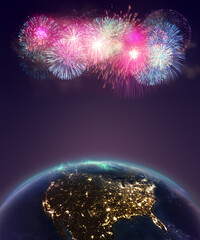 Fireworks 4th of July celebration above USA. view from space. Independence Day background. 3d rendering