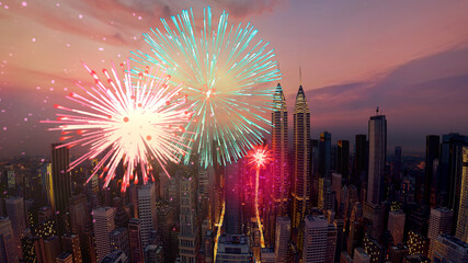Firework Explode Festivities on  Urban Skyline Background. Holiday Aerial Fireworks in City Sky 3