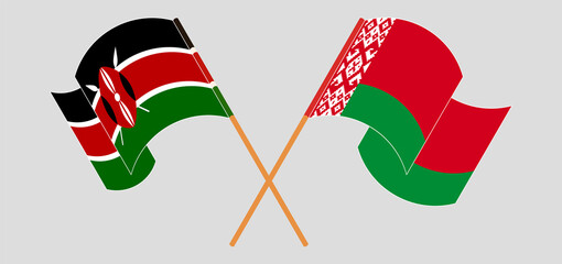 Crossed and waving flags of Kenya and Belarus