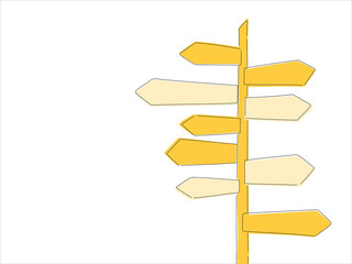 Yellow direction signpost. Doodle simple wooden pointer.