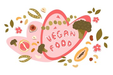 Vector colorful food set of healthy food ingredients. Vegan food typography. Trendy hand drawn doodle cartoon set of vegan food objects and symbols.
