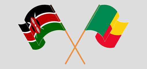 Crossed and waving flags of Kenya and Benin. Vector illustration