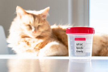 Adorable cat with a collecting urine sample for urinalysis. Urine protein to creatinine ratio for...