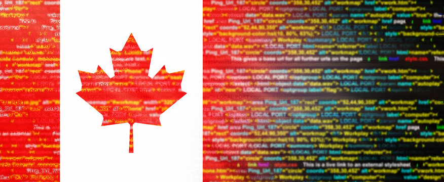 Creative (Canada) flag banner of Binary Code ,modern technology and site development, 3D illustration.