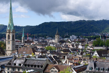 Old town of City of Zurich with churches at springtime. Photo taken May 23rd, 2021, Zurich, Switzerland.