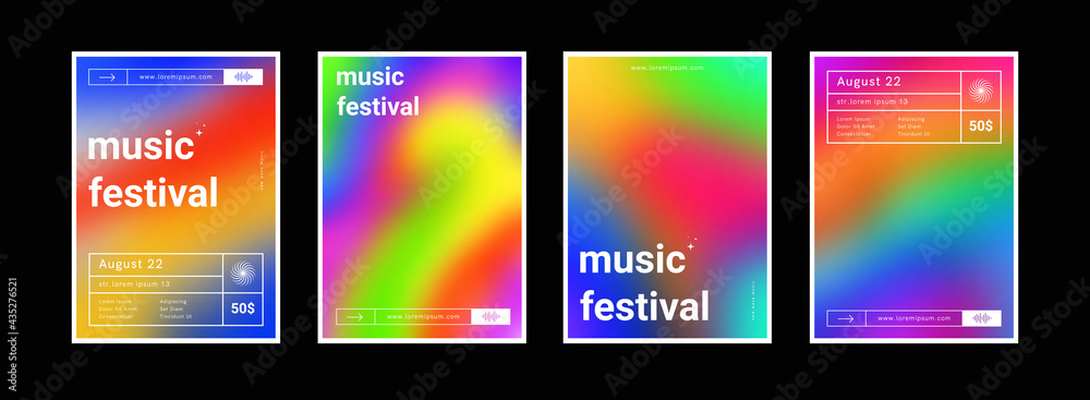 Poster Set of gradient colorful backgrounds. Modern abstract color backdrops. Bright music festival posters collection. Psychedelic art.