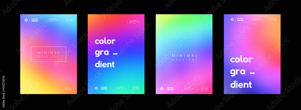 Poster Set of soft gradient colorful backgrounds. Modern abstract color backdrops. Bright ui screens collection. Psychedelic art.