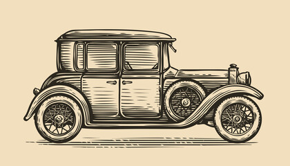 Retro car vector illustration. Vintage vehicle in sketch style