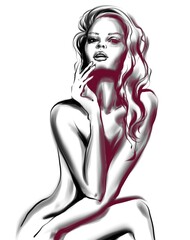 sexy naked girl with long hair in a beautiful sitting position art illustration 