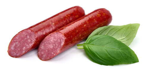Smoked sliced sausages, isolated on white background. High resolution image