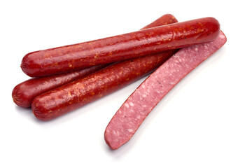 Smoked Hot dog sausages, isolated on white background. High resolution image