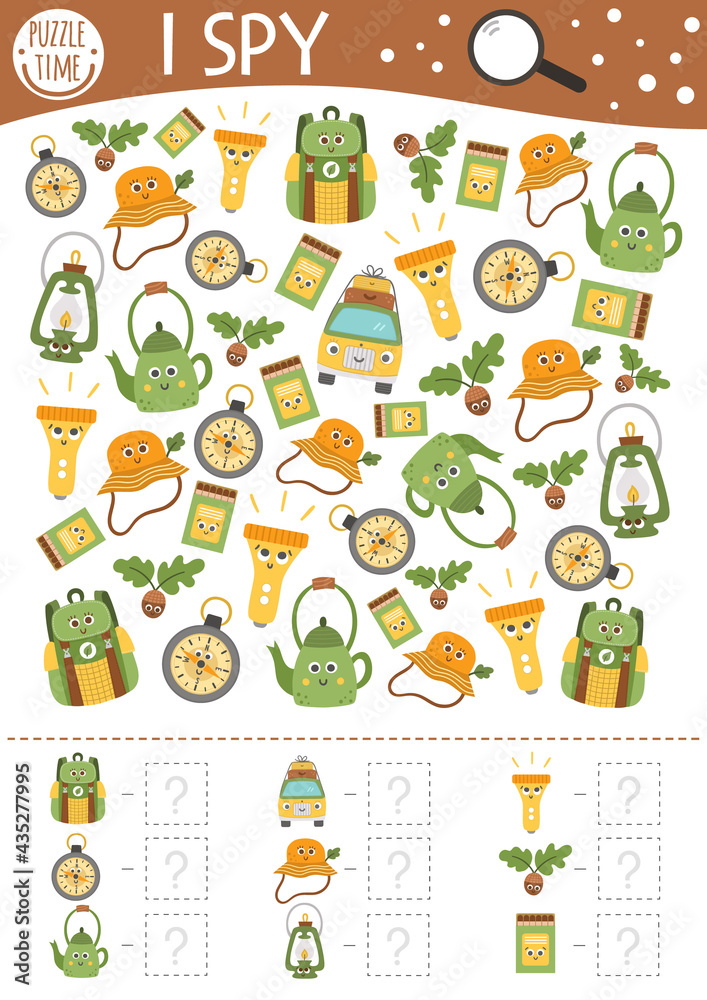 Wall mural Camping I spy game for kids. Searching and counting activity for preschool children with summer camp equipment. Funny printable worksheet for kids with smiling kawaii objects. Simple spotting puzzle..