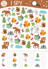 Forest I spy game for kids. Searching and counting activity for preschool children with woodland animals and nature elements. Funny printable worksheet for kids with birds and insects. Simple puzzle..