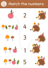 Match the numbers game with apples, mushrooms and funny hedgehog. Forest math activity for preschool children with cute forest animal. Educational printable counting worksheet for kids.