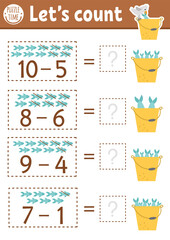 How many fish game with cute fishes in the bucket with water. Summer math subtraction activity for preschool children. Printable simple counting worksheet for kids with seagull.