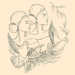 Graphic hand drawn Illustration of Women and pigeons on a beige background. Perfect for Stamp, Poster, Postcard, Invitation, Logo. 