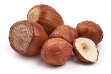 Hazelnuts, isolated on white background.