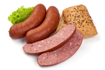 Smoked German Sausages, isolated on white background. High resolution image