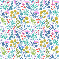 Fototapeta na wymiar Vector seamless patterns with cute beautiful flowers, butterflies and leaves in minimalistic trendy doodle style.