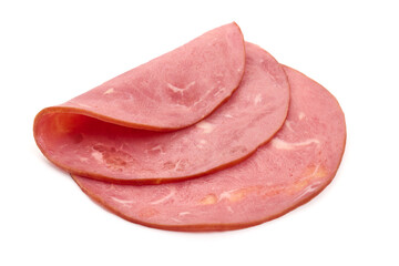 Bologna ham slices, isolated on white background. High resolution image.